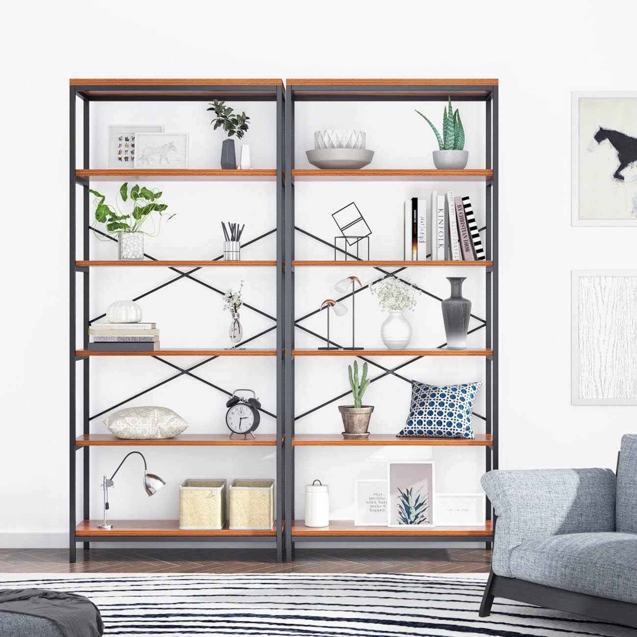 5 Shelf Metal and Wooden Bookshelf F19896