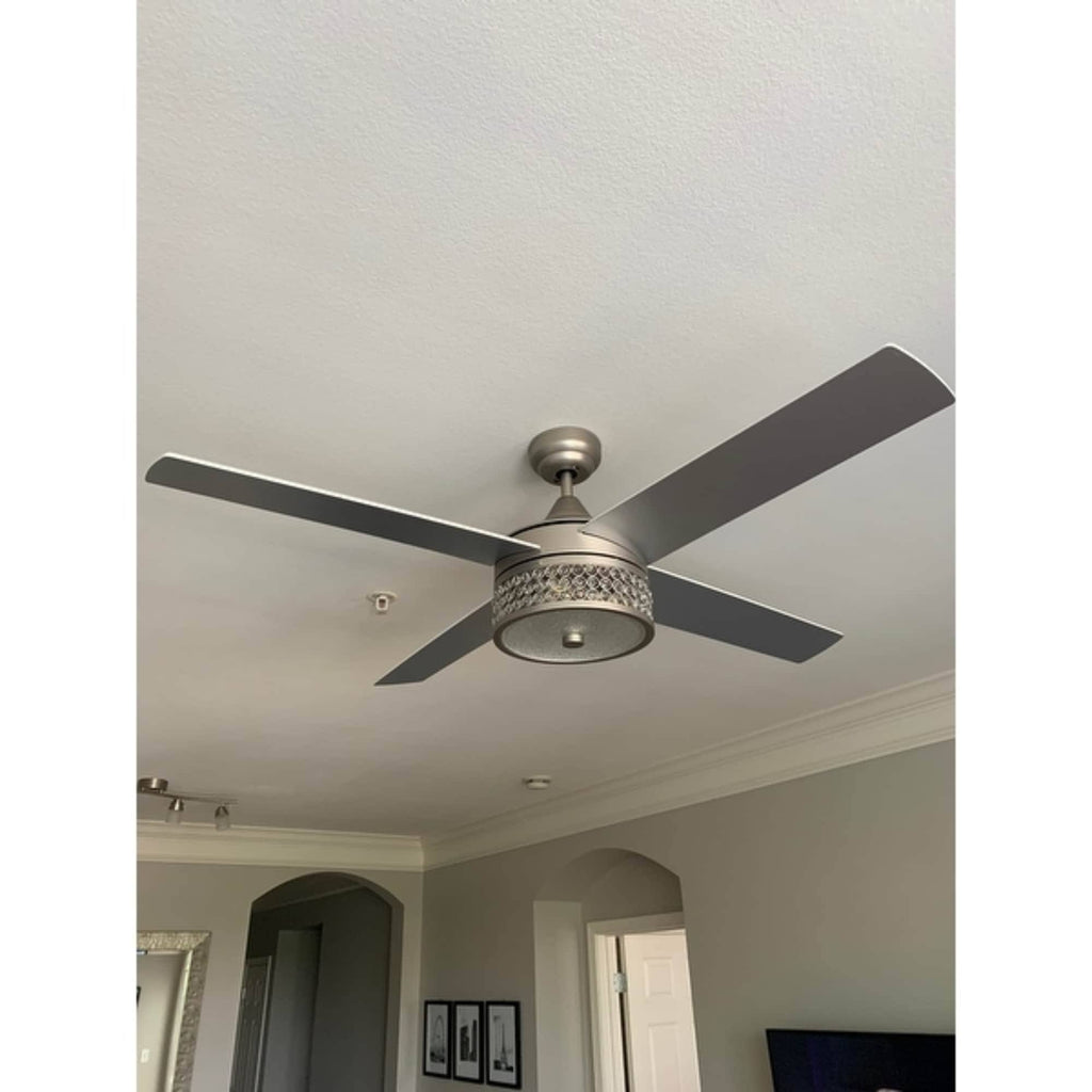 52-Inch Satin Nickel 4-Blades Ceiling Fan with Crystal Shade I490