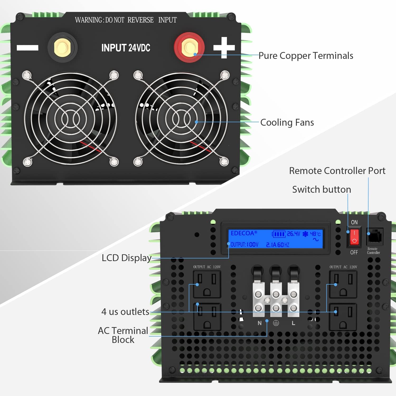 3500 Watt 24V Pure Sine Wave Power Inverter DC 24V to 120V 110V AC with LCD AC Terminal Block T150