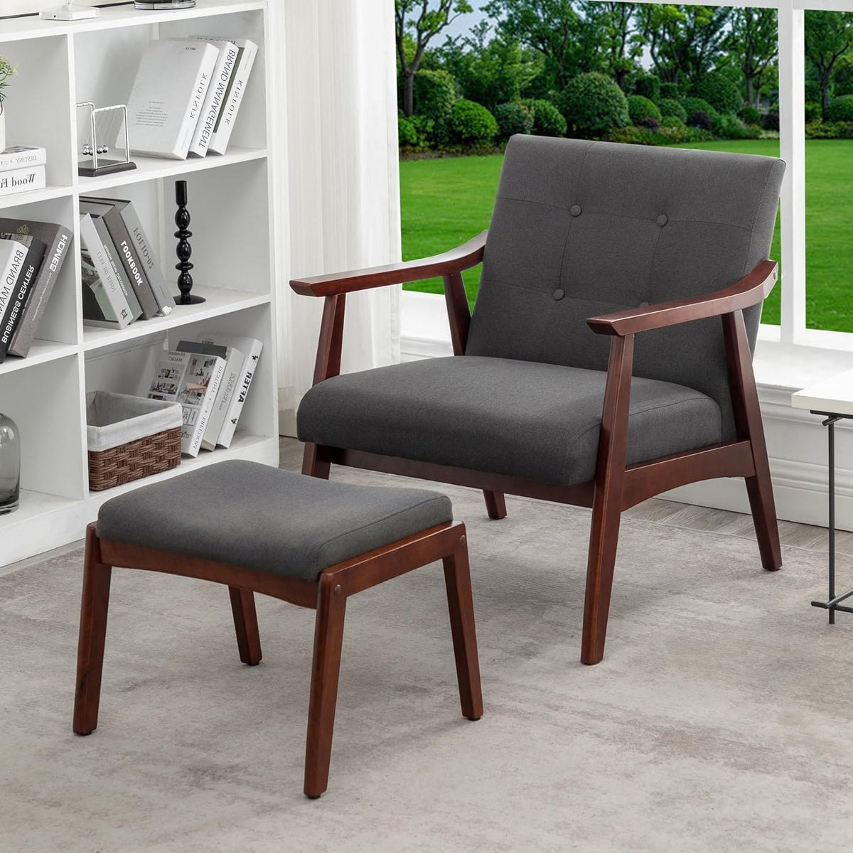 Accent Armchair and Ottoman Set, Dark Gray Fabric H39047