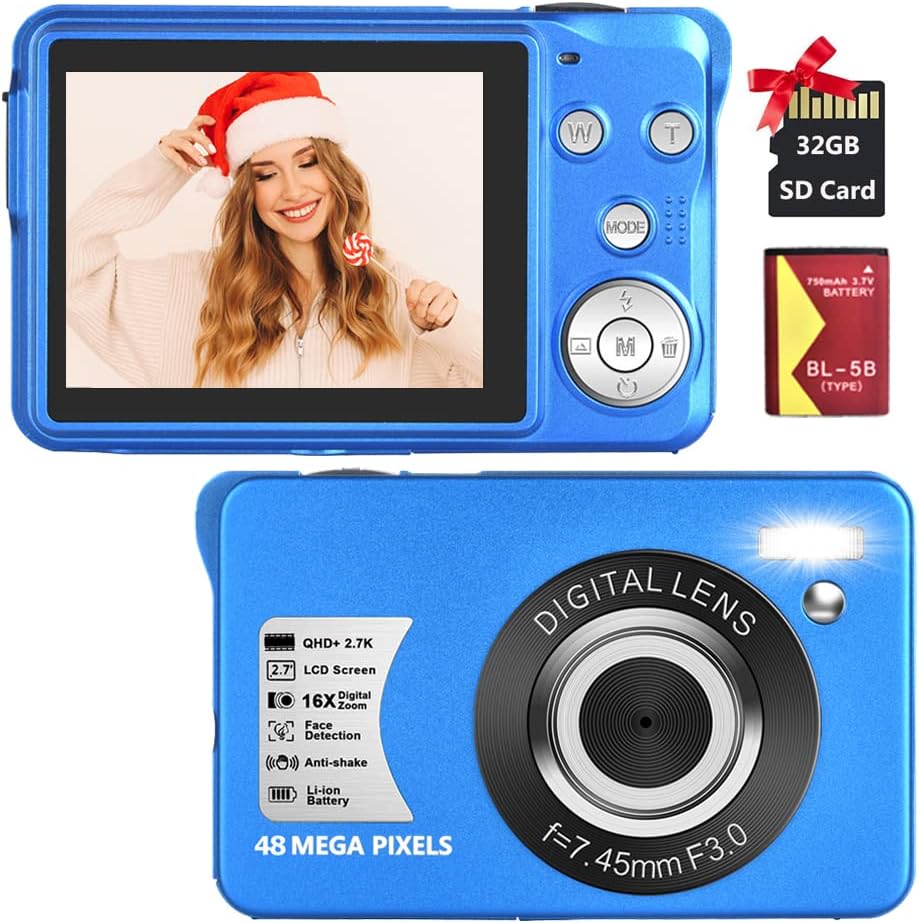 48MP Compact Digital Camera with 16X Digital Zoom, Blue, Pack of 2 Y8746