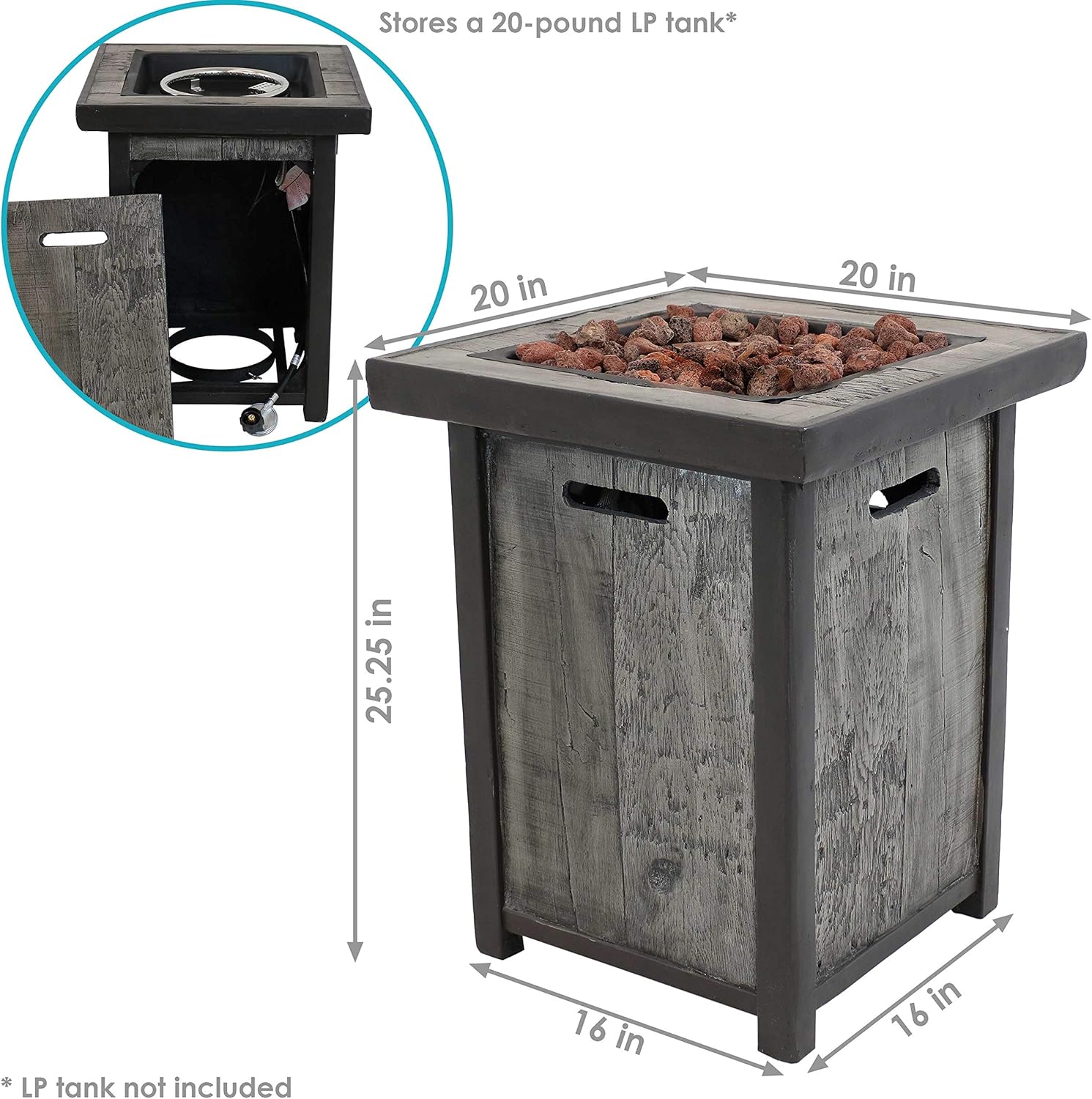 Square Outdoor Propane Gas Fire Pit Table with Weathered Wood Look - 25 Inches Tall R629