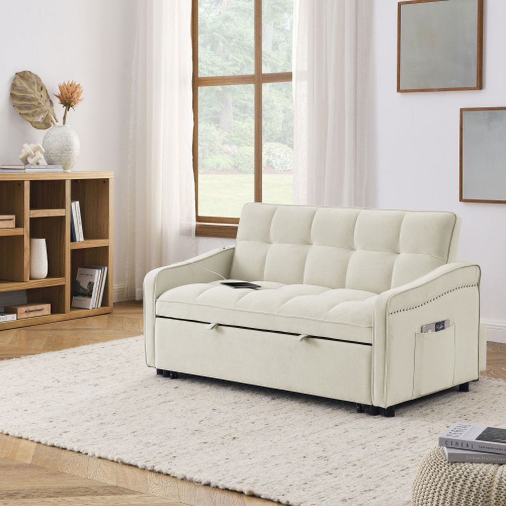 Beige Loveseats Sofa Bed with Pull-out Bed L7978