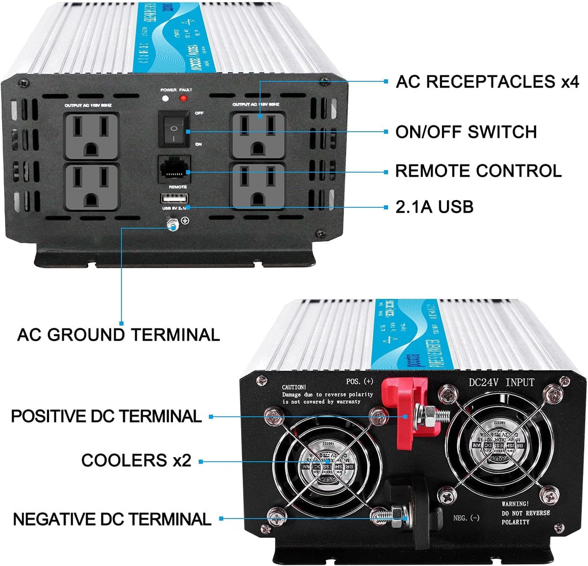 1500 Watt Pure Sine Wave Power Inverter DC 24V to 110V with 4 AC Outlets and 2.1A USB Ports M47439