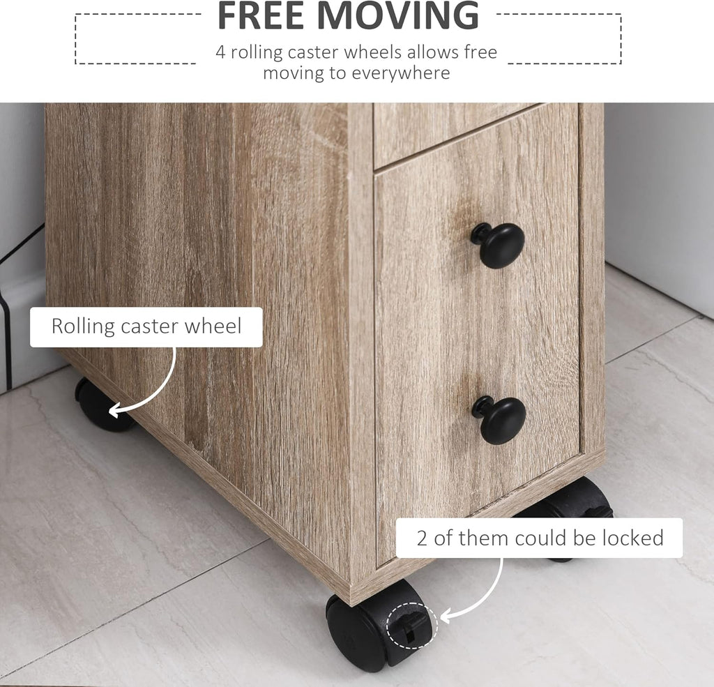 Oak Grain Freestanding Bathroom Cabinet with 2 Open Cabinets, 1 Door Cabinet, 1 Drawer and 4 Rolling Wheels S69703