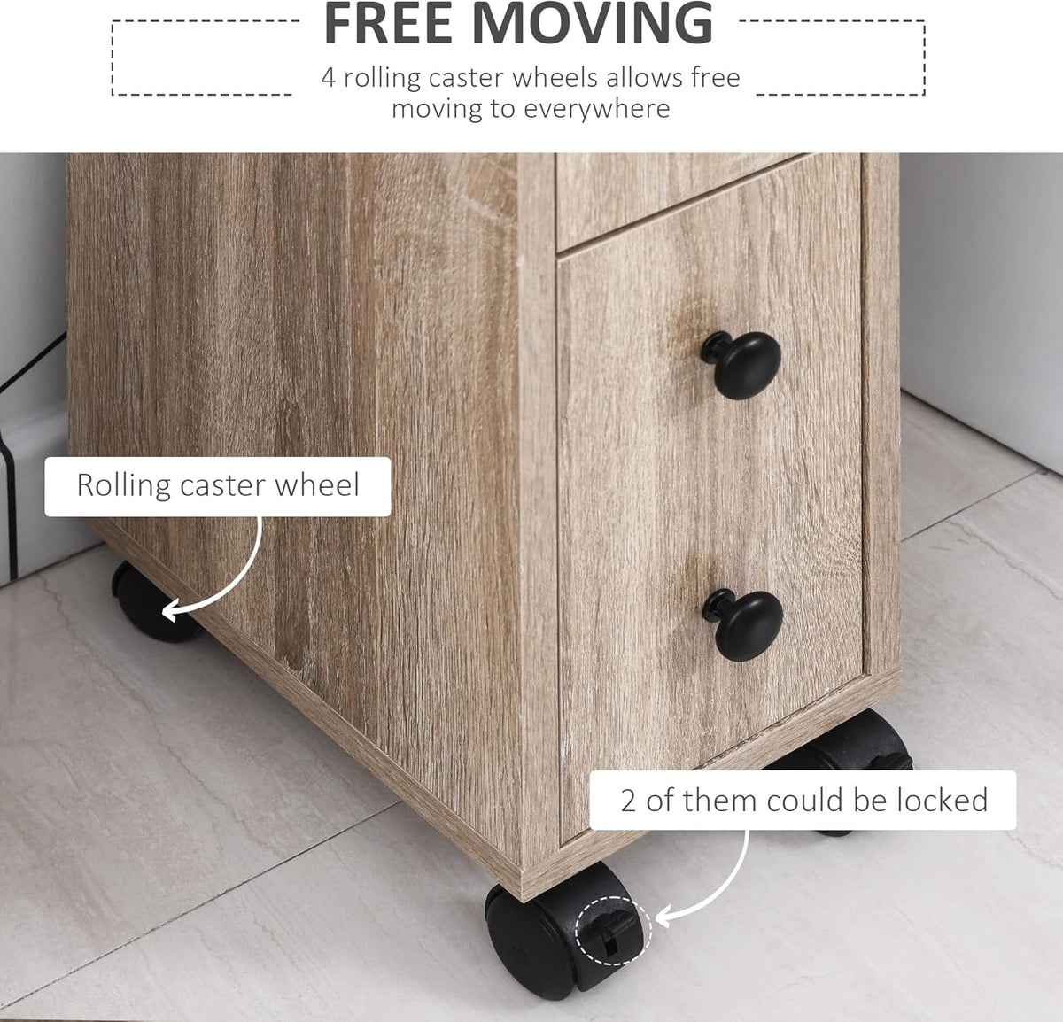 Oak Grain Freestanding Bathroom Cabinet with 2 Open Cabinets, 1 Door Cabinet, 1 Drawer and 4 Rolling Wheels S69703