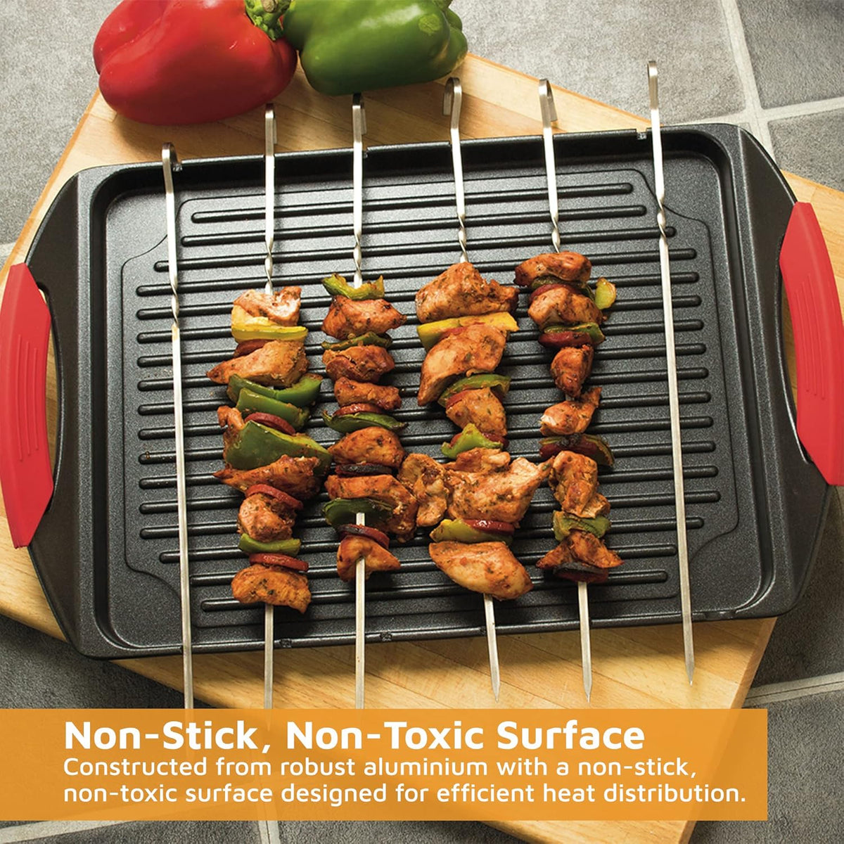 Cast Aluminium Griddle Plate for Stove Top & 6 Stainless Steel Skewers, Pack of 2 G5452