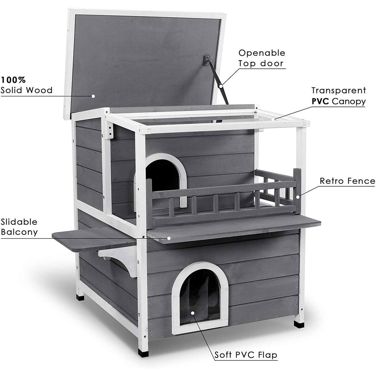 2-Story Weatherproof Wooden Cat Shelter House with Transparent PVC Canopy M53014