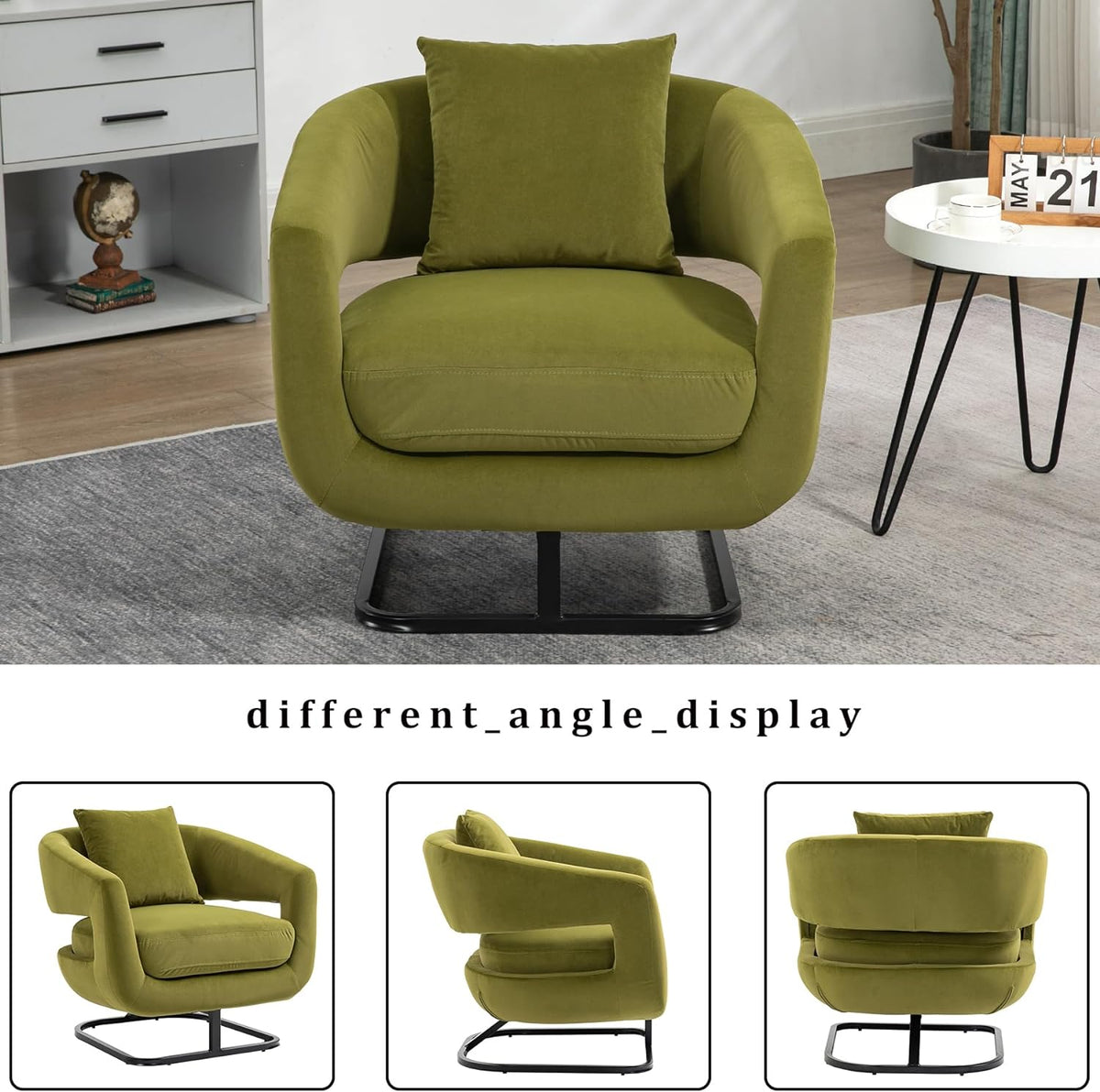 Olive Velvet Barrel Chair with Metal Base X9920