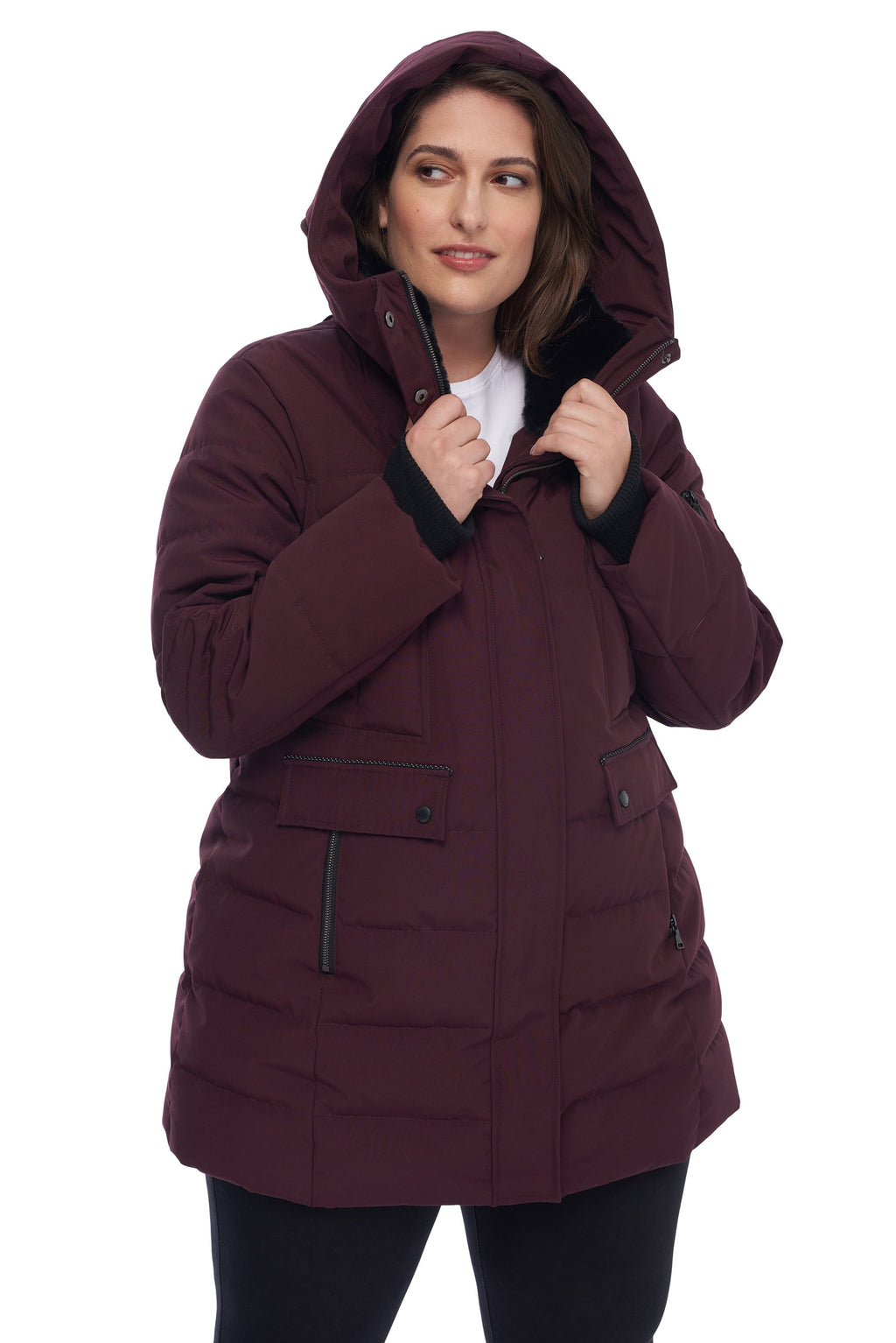 Women's Plus Size Vegan Down Mid-Length Parka Winter Coat with Hood K26162