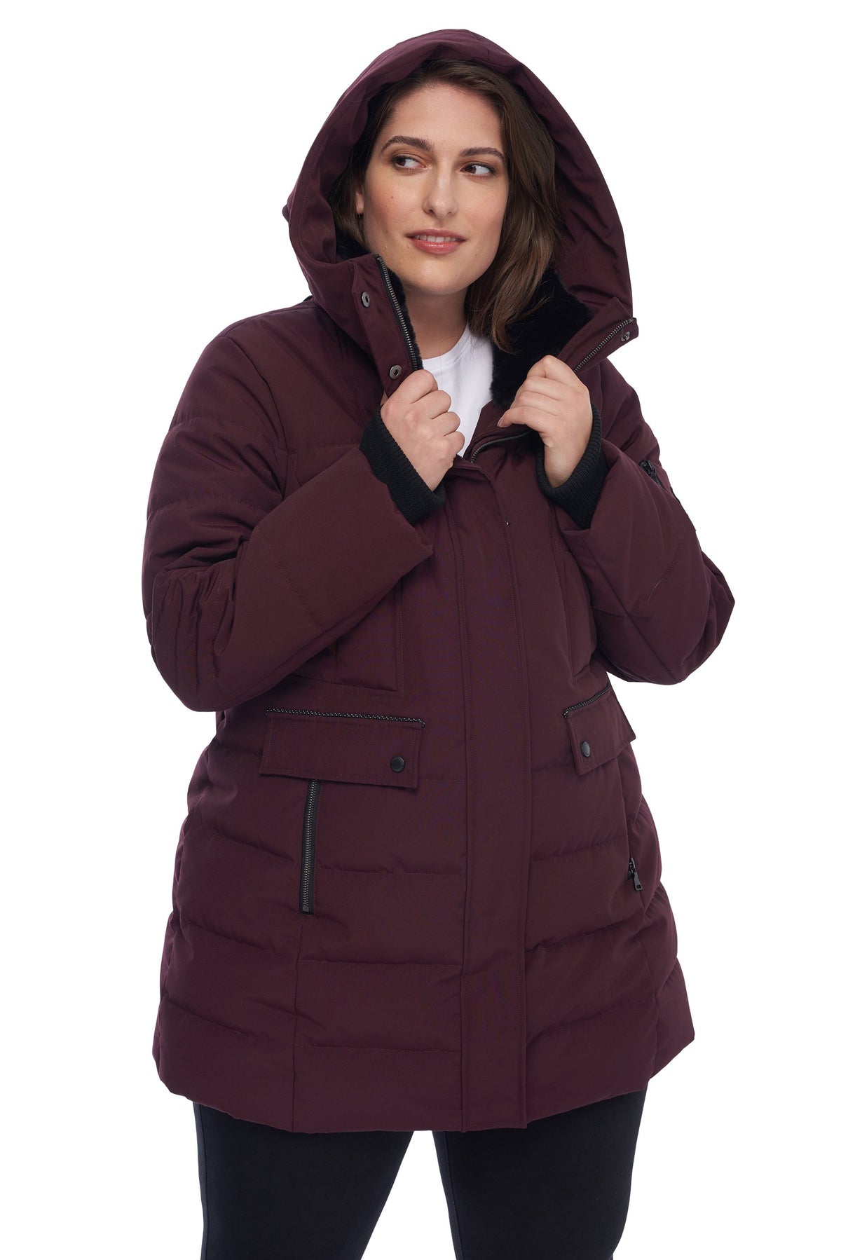 Women's Plus Size Vegan Down Mid-Length Parka Winter Coat with Hood K26162