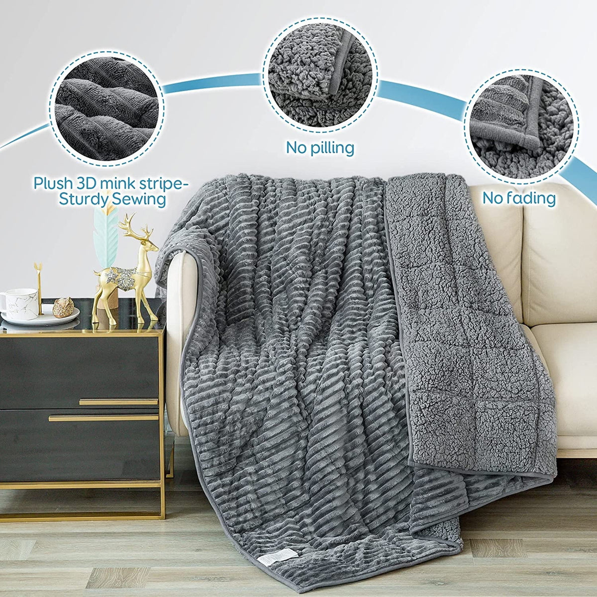 Gray Sherpa Fleece Weighted Blanket Queen Size 15lbs 60"x80" W6114