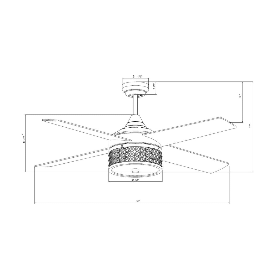 52-Inch Satin Nickel 4-Blades Ceiling Fan with Crystal Shade I490