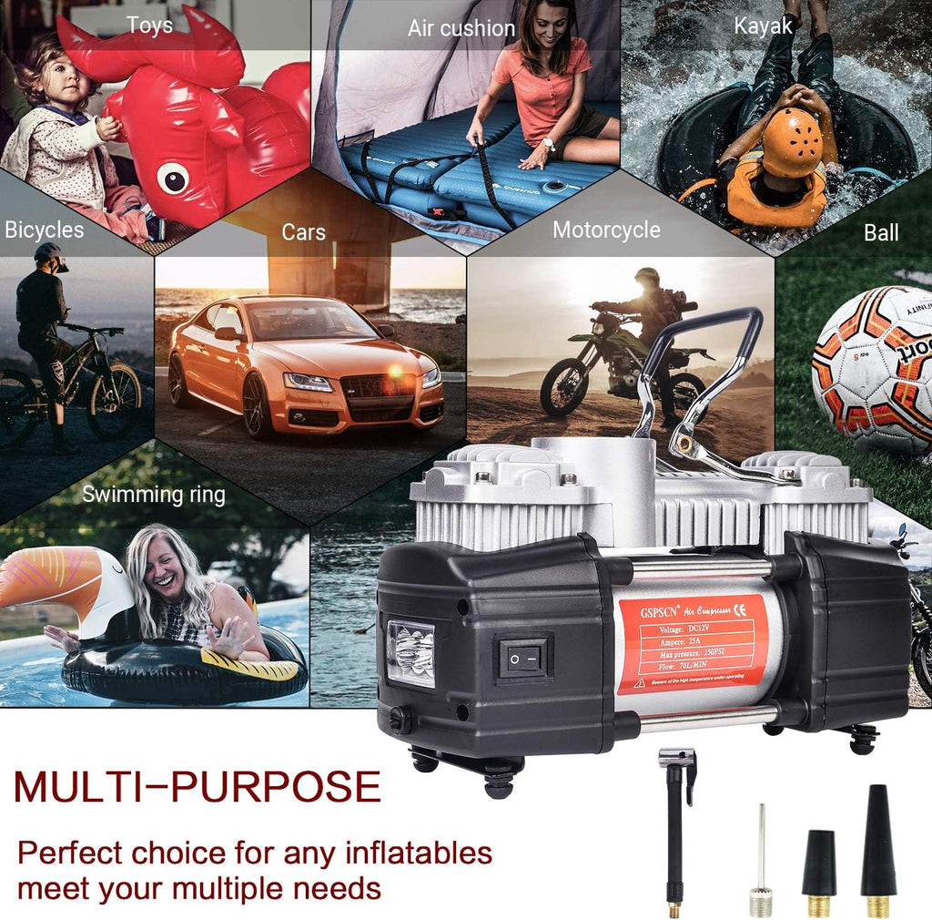 Portable Tire Inflator Double Cylinder Air Compressor Pump with LED Light, 12V, 150 PSI, Metal, Locking Air Chuck, Pack of 2 Y79663