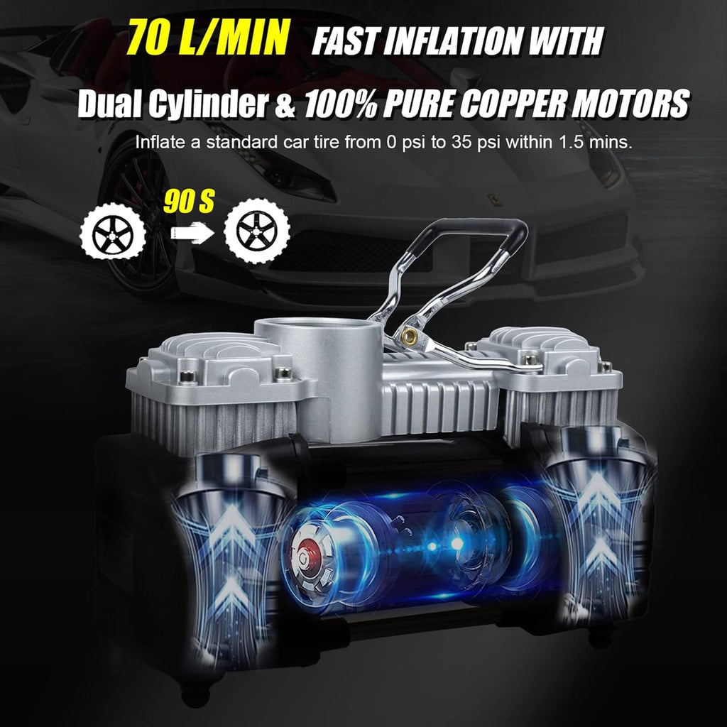 Portable Tire Inflator Double Cylinder Air Compressor Pump with LED Light, 12V, 150 PSI, Metal, Locking Air Chuck, Pack of 2 Y79663