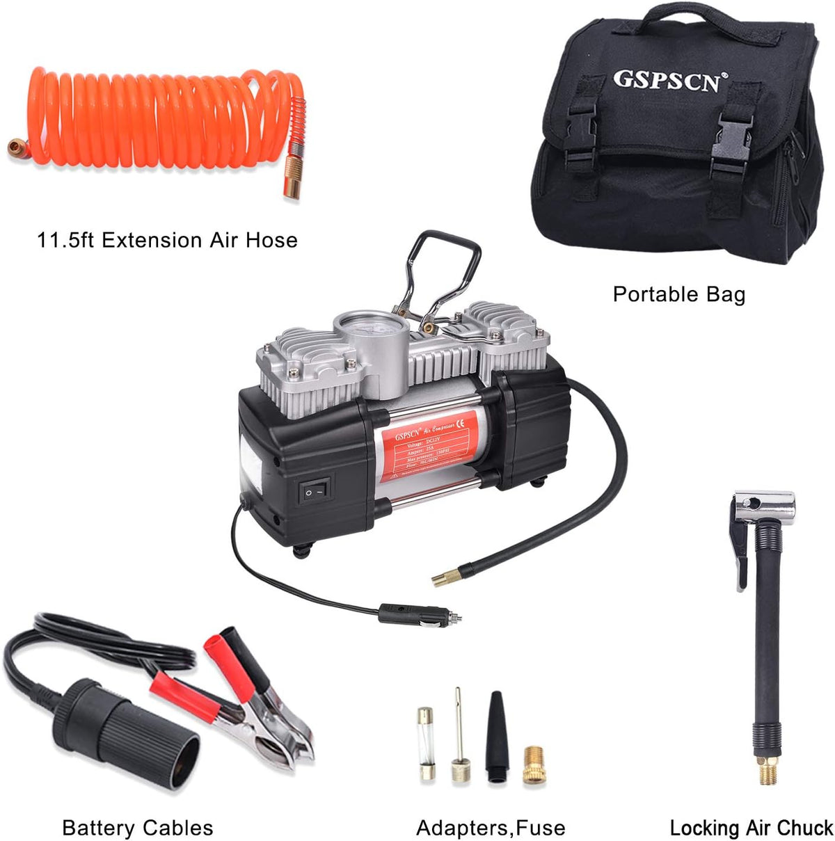 Portable Tire Inflator Double Cylinder Air Compressor Pump with LED Light, 12V, 150 PSI, Metal, Locking Air Chuck, Pack of 2 Y79663