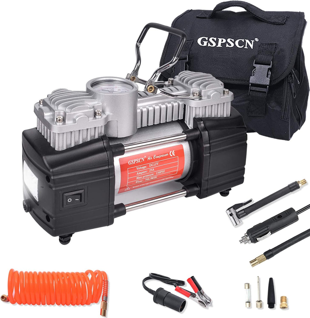 Portable Tire Inflator Double Cylinder Air Compressor Pump with LED Light, 12V, 150 PSI, Metal, Locking Air Chuck, Pack of 2 Y79663