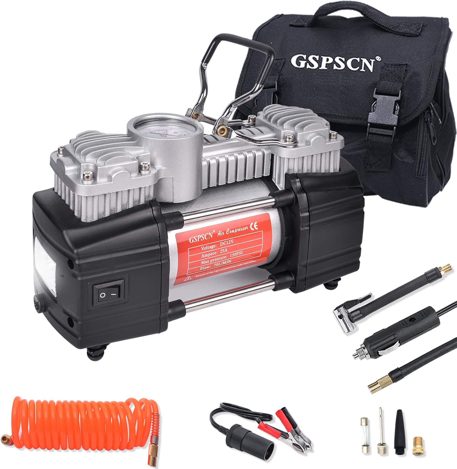 Portable Tire Inflator Double Cylinder Air Compressor Pump with LED Light, 12V, 150 PSI, Metal, Locking Air Chuck, Pack of 2 Y79663