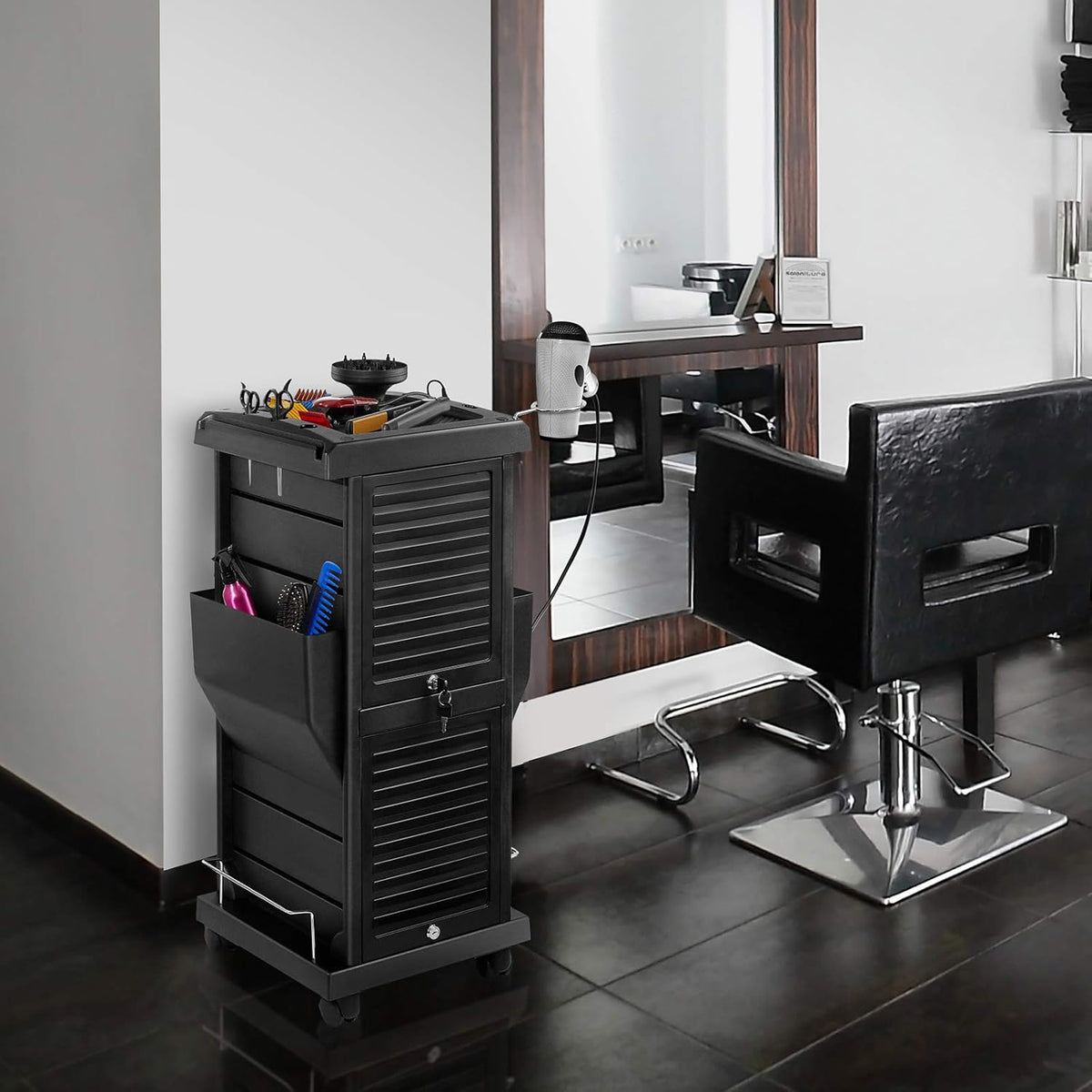 Black Locking Rolling Trolley Cart with Pockets G469814