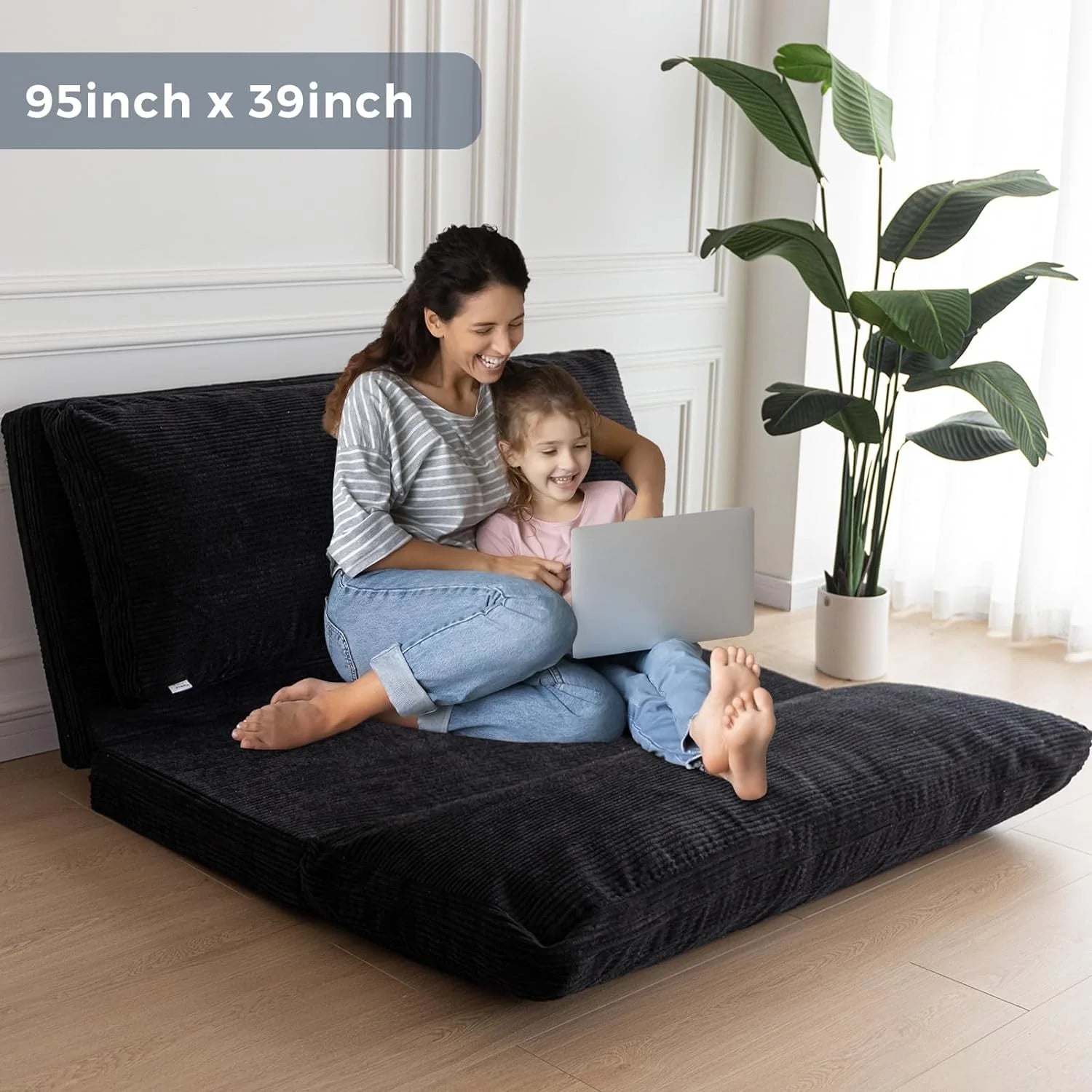 Black Corded Washable Bean Bag Bed Folding Sofa Bed Floor Mattress, 39x95 Inch P330124