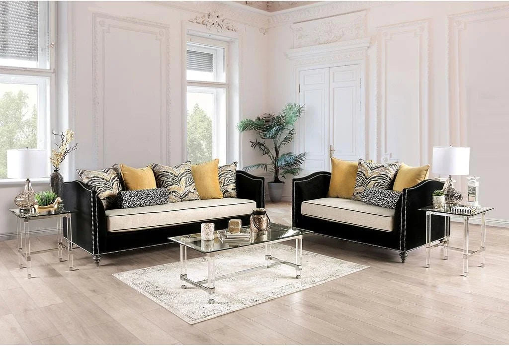 Beige & Black Microfiber Sofa and Loveseat Q2491