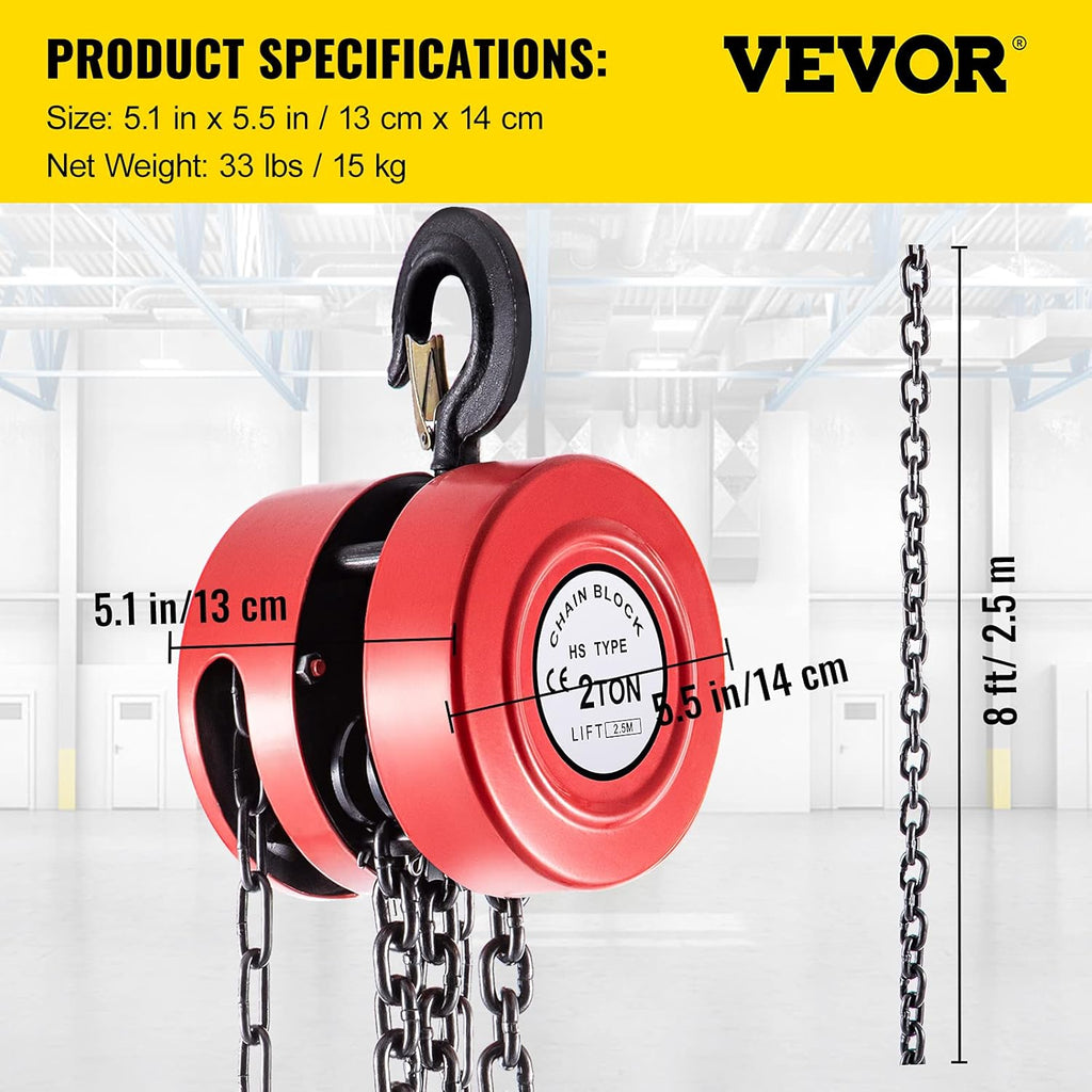 Red Pack of 2 Manual Chain Hoist, 4400 lbs Capacity, 8ft Lift Z526541