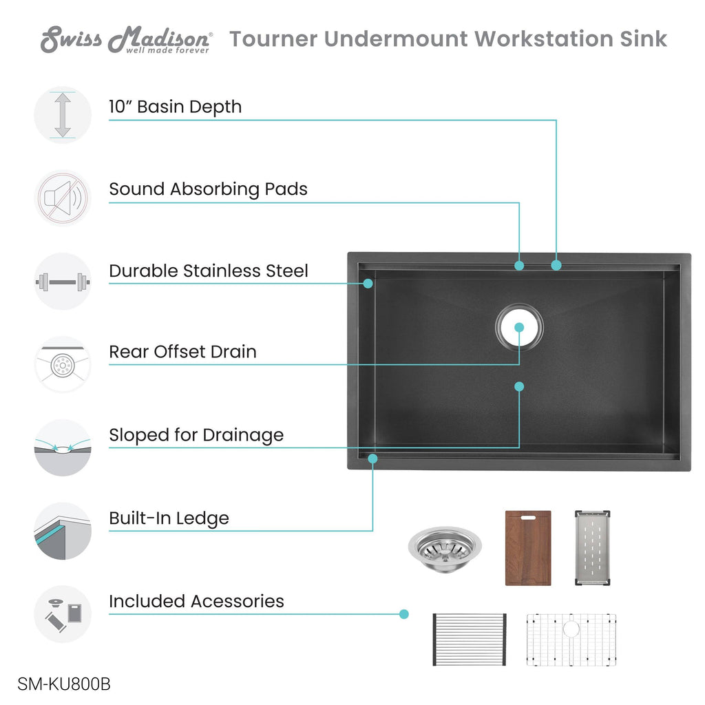 Black Stainless Steel Undermount Kitchen Workstation Sink M302
