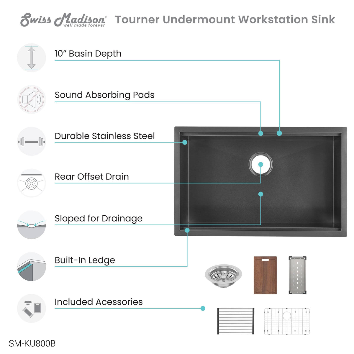 Black Stainless Steel Undermount Kitchen Workstation Sink M302