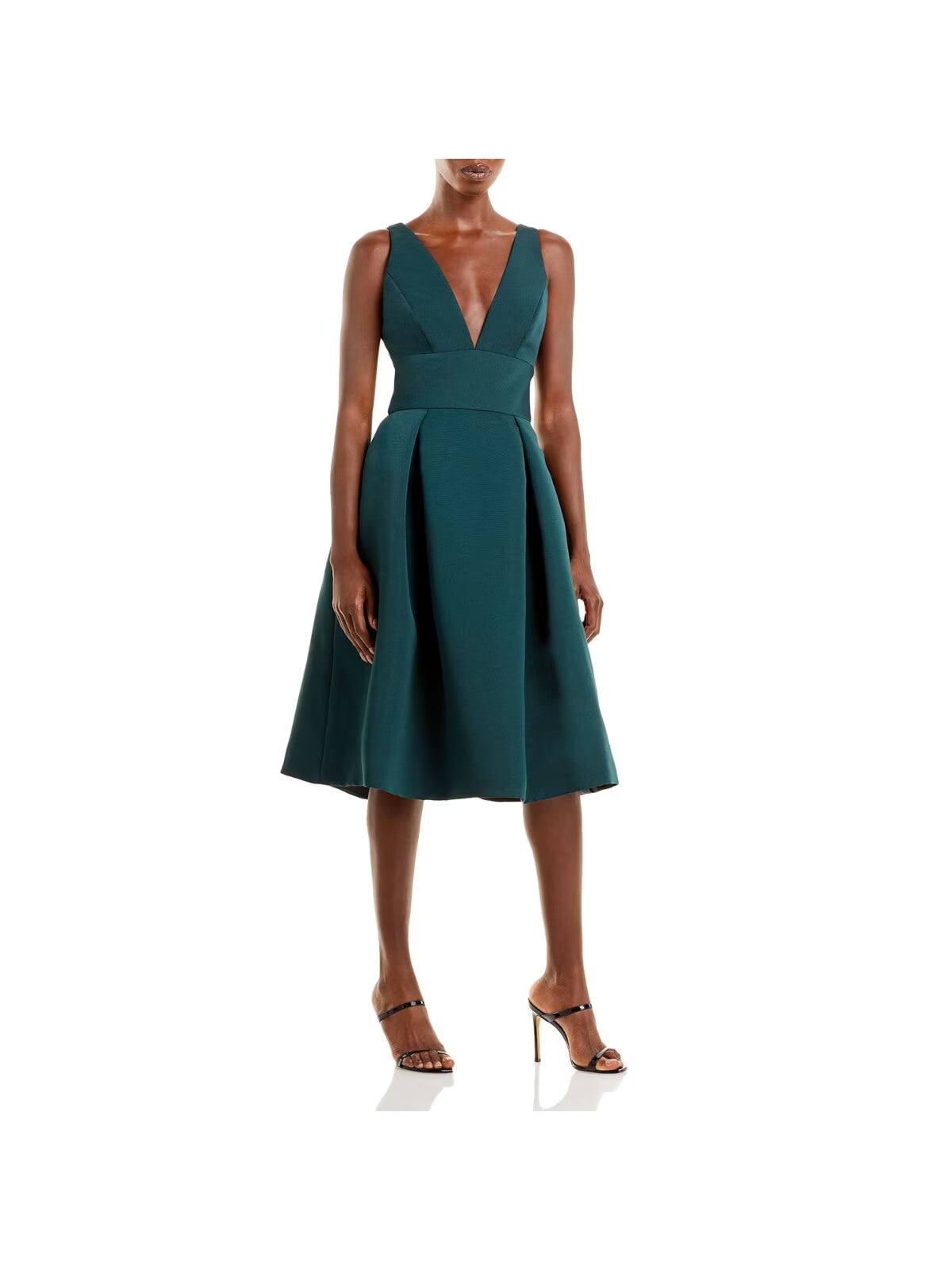 Green Zippered Textured Button Detail Pleated Pocketed Sleeveless V Neck Below The Knee Evening Fit + Flare Dress C7051