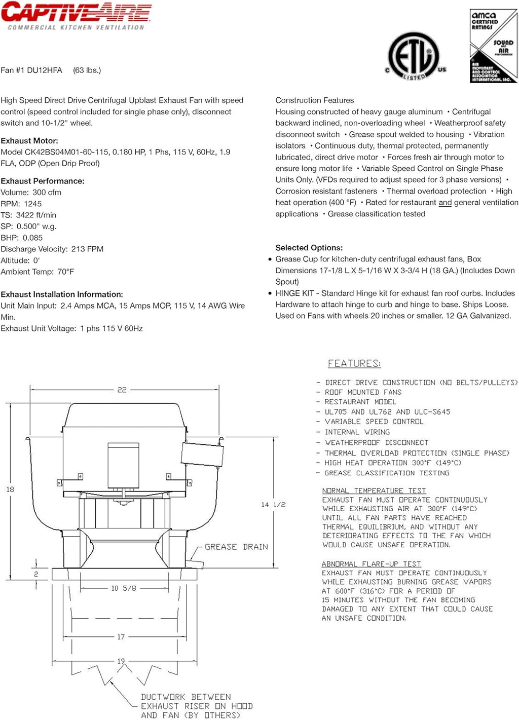19 Fan Base Centrifugal Upblast Exhaust Fan with Speed Control K59710