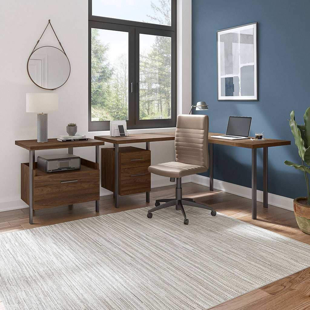 Walnut L-Shaped Desk with Lateral File Cabinet A76033
