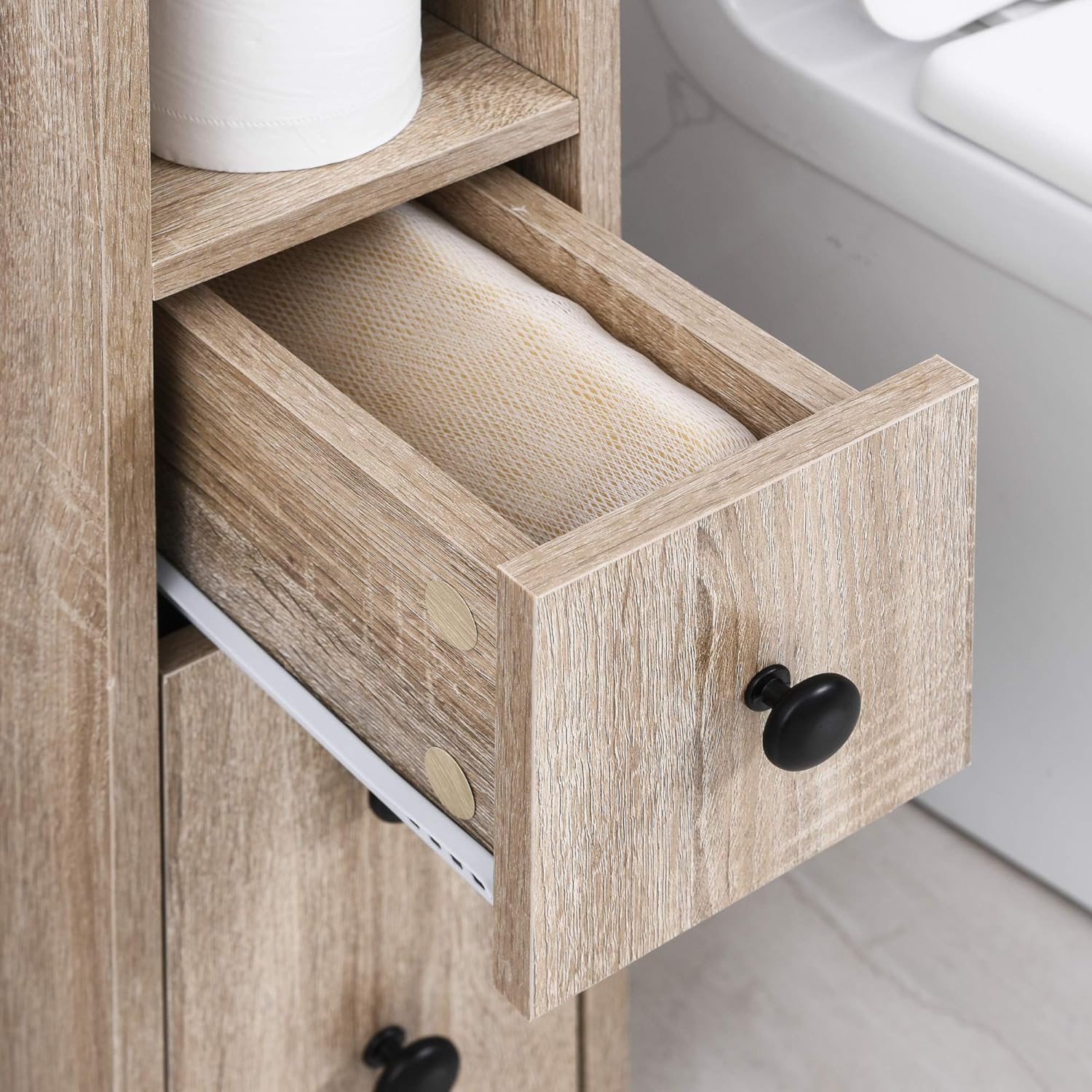 Oak Grain Freestanding Bathroom Cabinet with 2 Open Cabinets, 1 Door Cabinet, 1 Drawer and 4 Rolling Wheels S69703