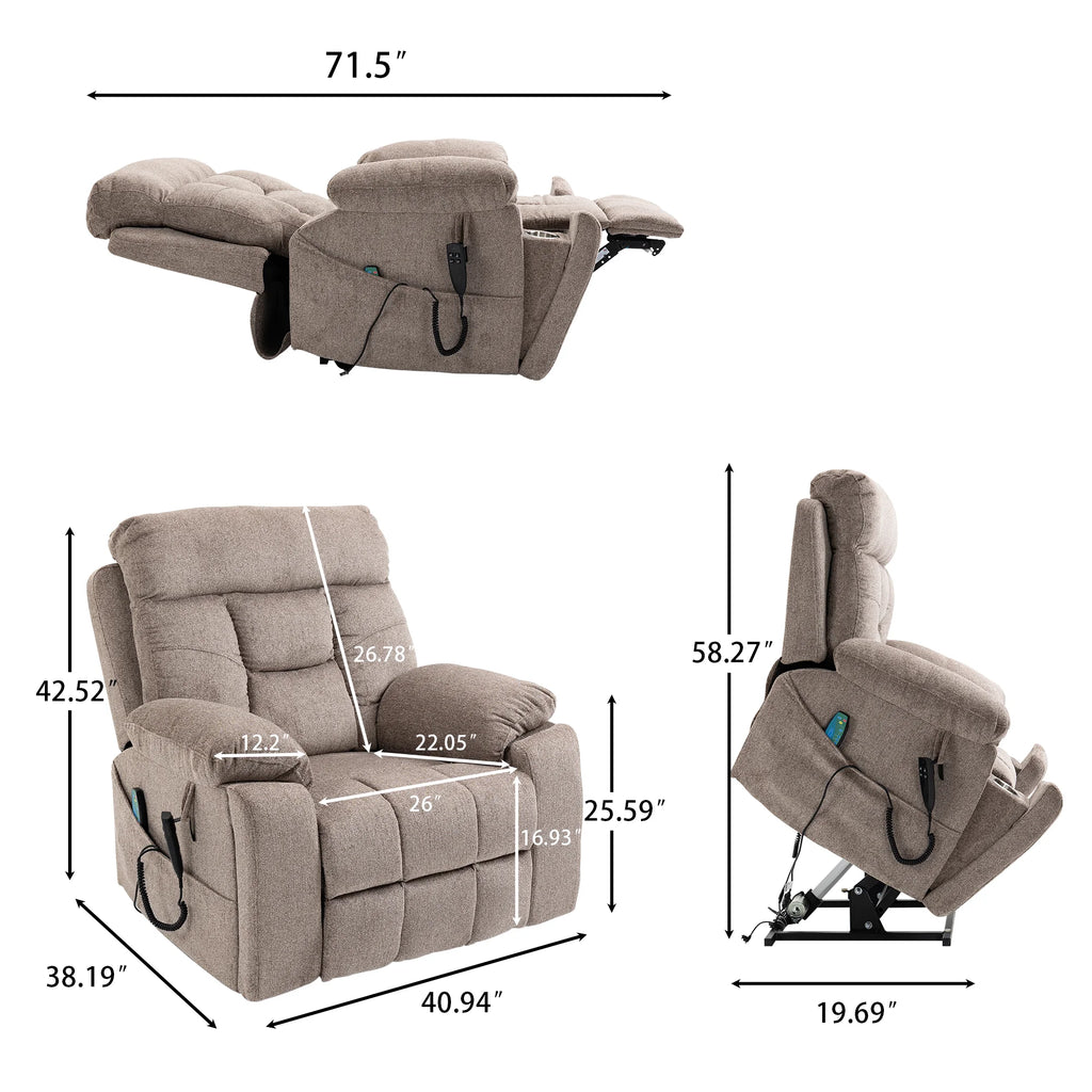 Electric Lift Recliner Chair with Heating and Massage, Fabric, Light Brown E13596