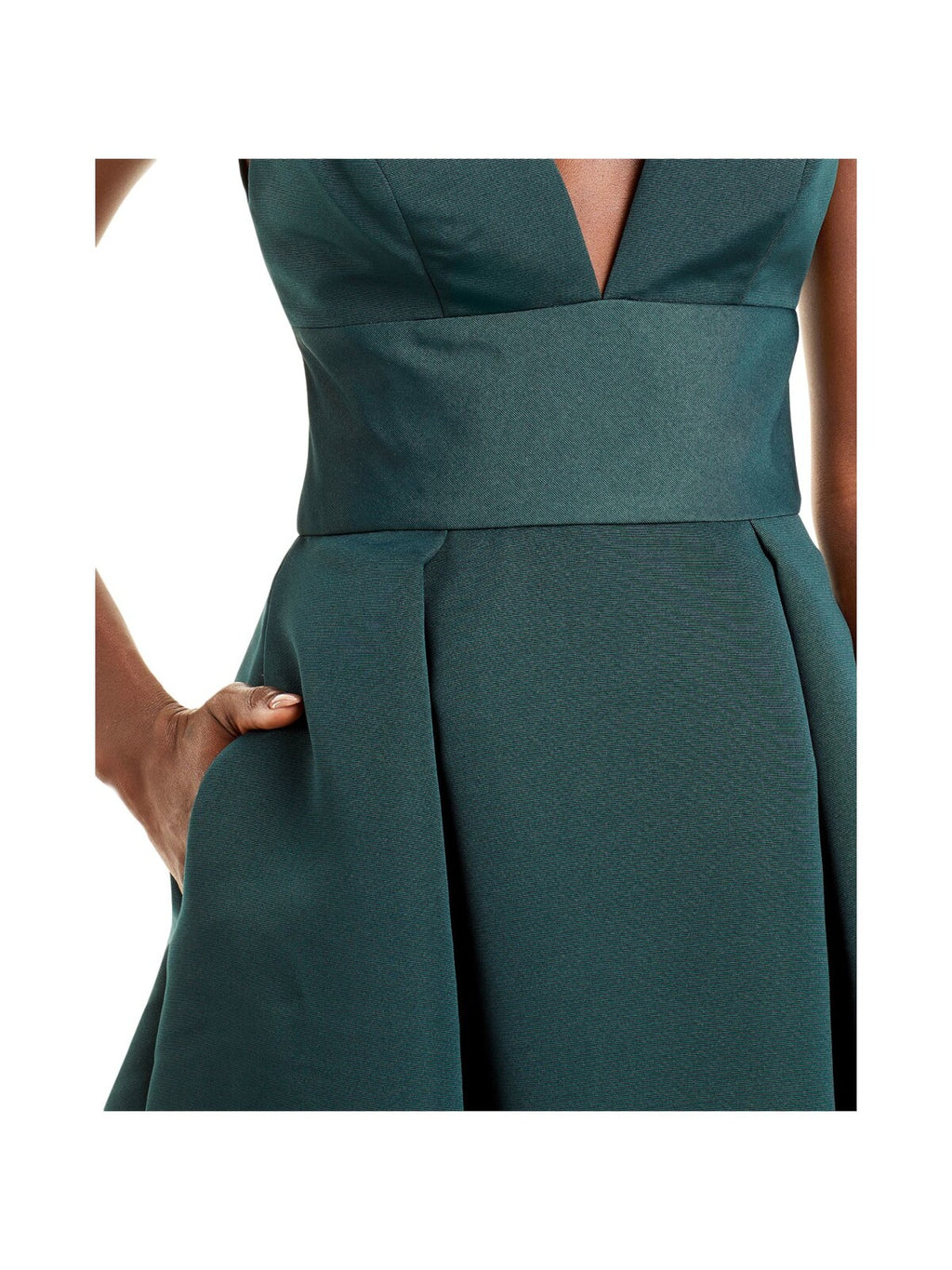 Green Zippered Textured Button Detail Pleated Pocketed Sleeveless V Neck Below The Knee Evening Fit + Flare Dress C7051