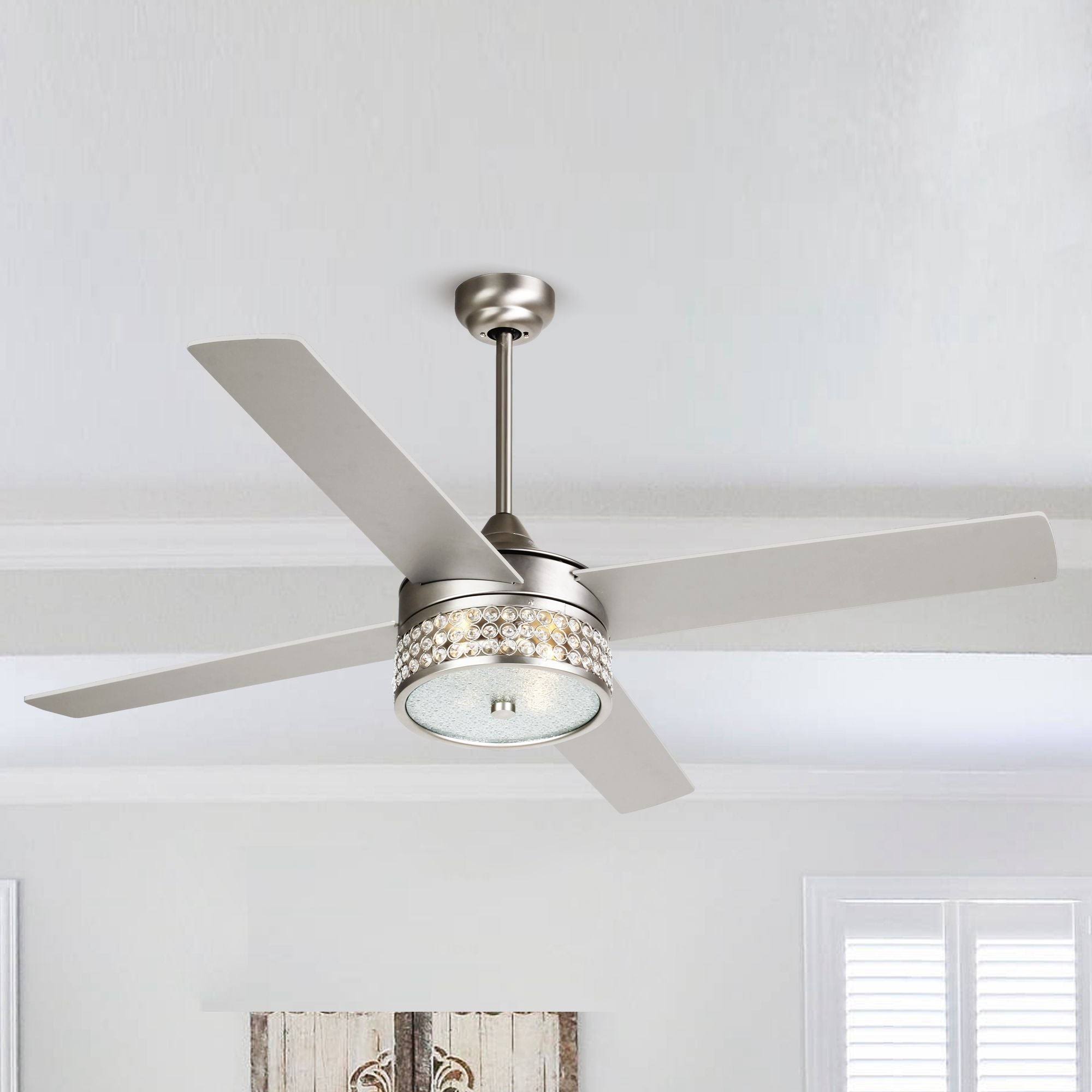 52-Inch Satin Nickel 4-Blades Ceiling Fan with Crystal Shade I490