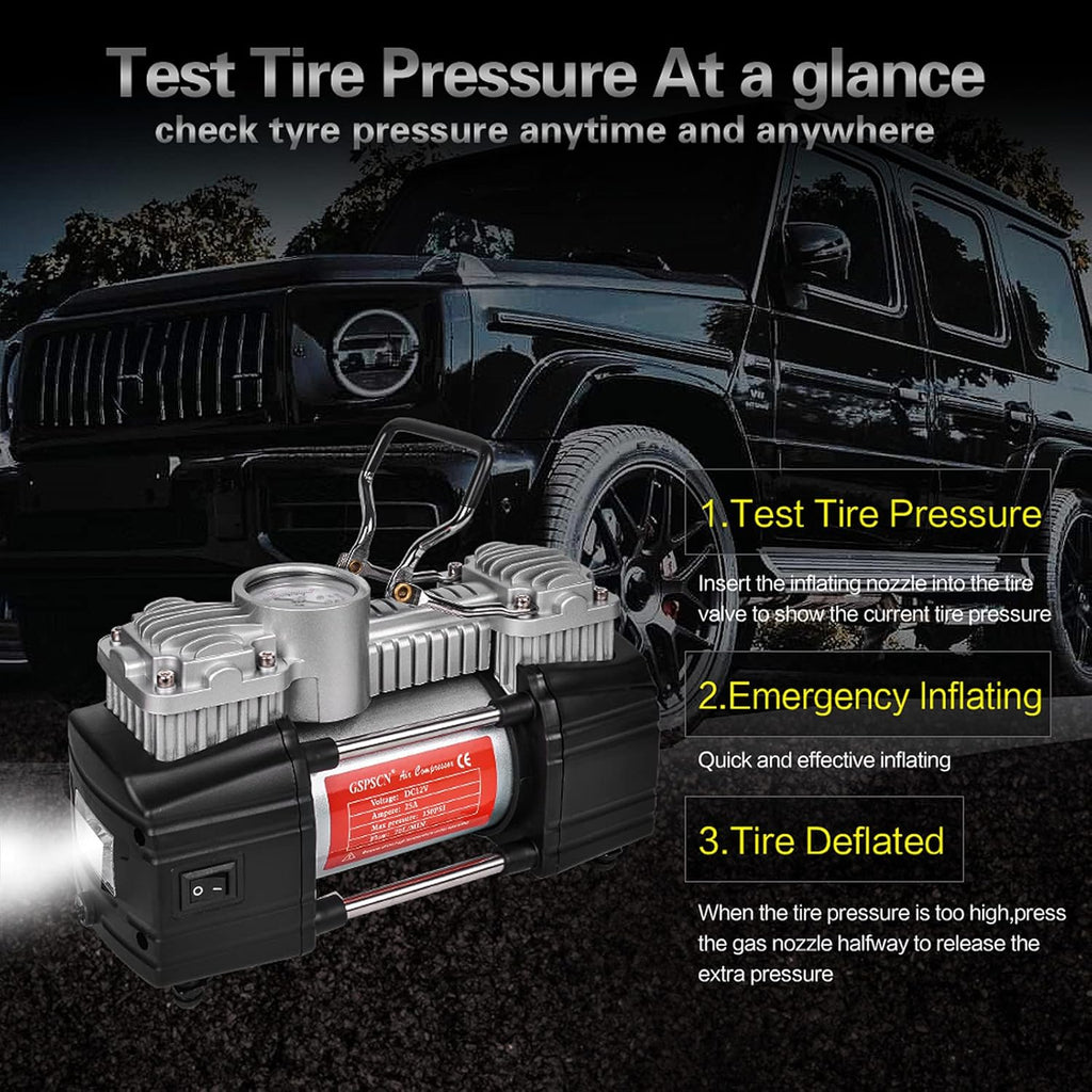 Portable Tire Inflator Double Cylinder Air Compressor Pump with LED Light, 12V, 150 PSI, Metal, Locking Air Chuck, Pack of 2 Y79663