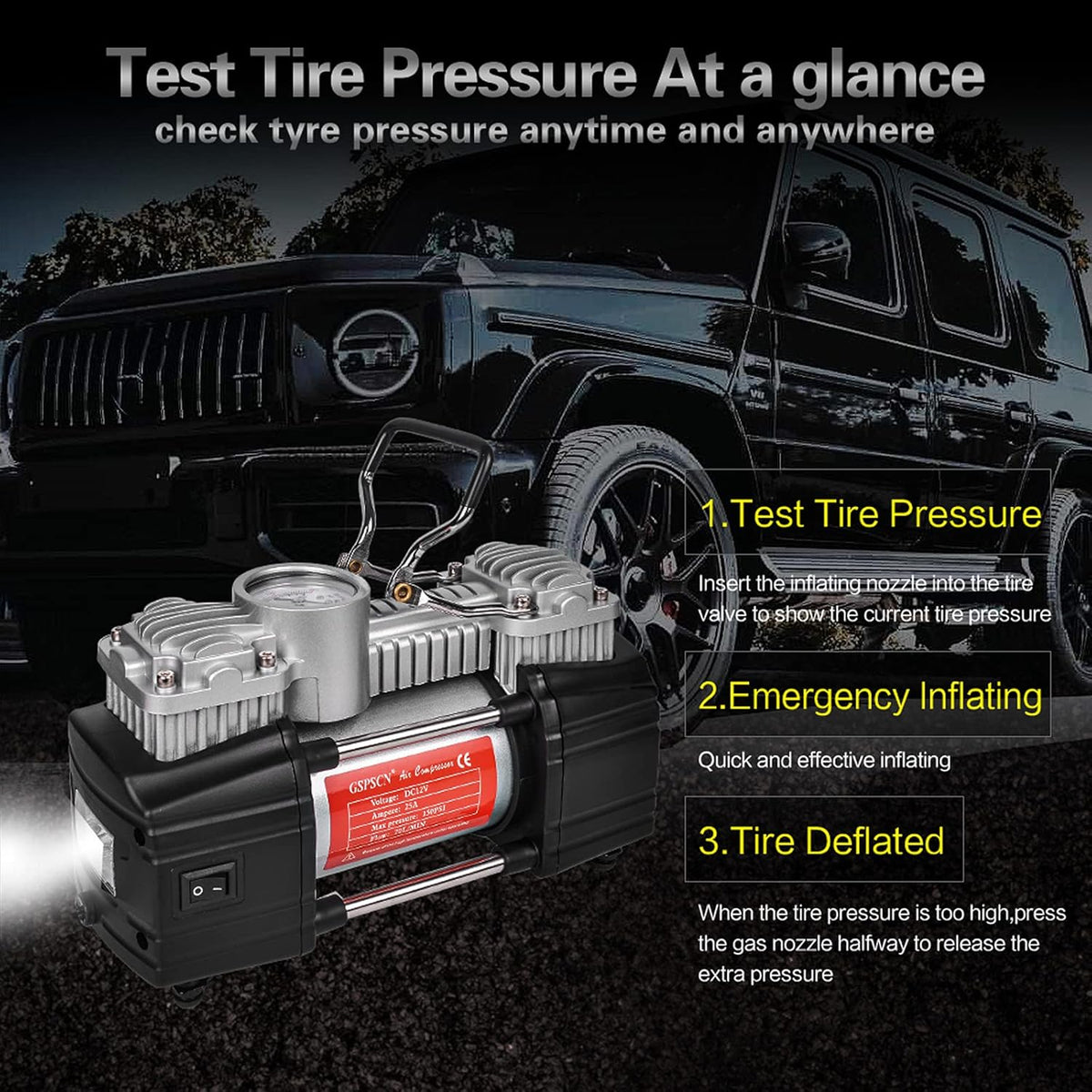Portable Tire Inflator Double Cylinder Air Compressor Pump with LED Light, 12V, 150 PSI, Metal, Locking Air Chuck, Pack of 2 Y79663